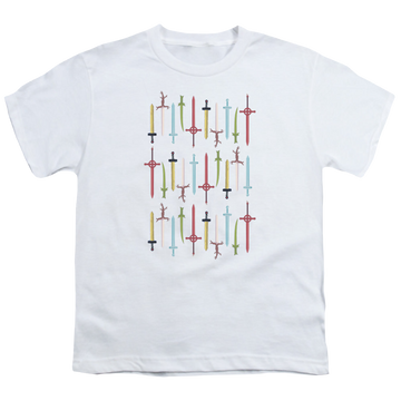 White youth t-shirt for ages 8 to 12 with Adventure Time Swords graphic