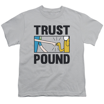 Silver youth t-shirt for ages 8 to 12 with Adventure Time Trust Pound graphic