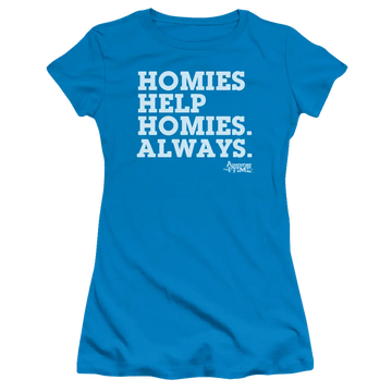 Turquoise juniors t-shirt with Adventure Time Homies Help Homies graphic