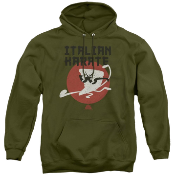 Military green pullover hoodie with Uncle Grandpa Italian Karate graphic