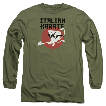 Military green men's long sleeve t-shirt with Uncle Grandpa Italian Karate graphic