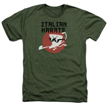 Military green men's heather t-shirt with Uncle Grandpa Italian Karate graphic