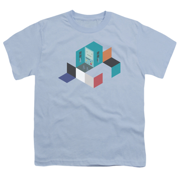 Light blue youth t-shirt for ages 8 to 12 with Adventure Time Bmo Blocks graphic