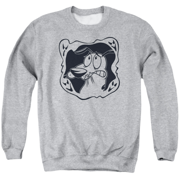 Athletic heather men's crewneck sweatshirt with Courage the Cowardly Dog Ghost Frame graphic