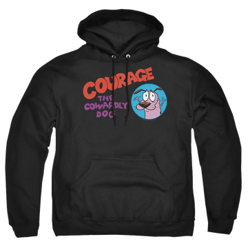 Black pullover hoodie with Courage the Cowardly Dog Courage Logo graphic