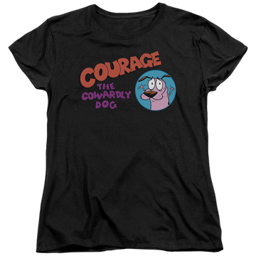 Black women's t-shirt with Courage the Cowardly Dog Courage Logo graphic