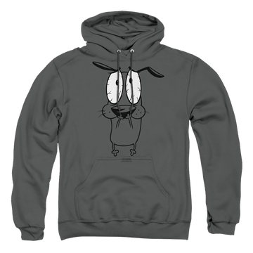 Charcoal pullover hoodie with Courage the Cowardly Dog Scared graphic