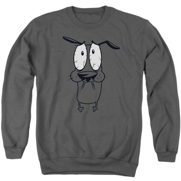 Charcoal men's crewneck sweatshirt with Courage the Cowardly Dog Scared graphic
