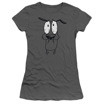 Charcoal juniors t-shirt with Courage the Cowardly Dog Scared graphic