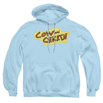 Light blue pullover hoodie with Cow and Chicken Cow Chicken Logo graphic