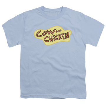 Light blue youth t-shirt for ages 8 to 12 with Cow and Chicken Cow Chicken Logo graphic
