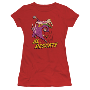 Red juniors t-shirt with Cow and Chicken Al Rescate graphic
