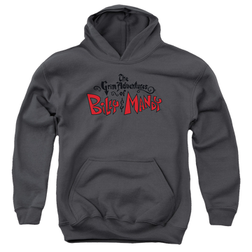 Charcoal youth hoodie for ages 8 to 12 with The Grim Adventures of Billy & Mandy Grim Logo graphic
