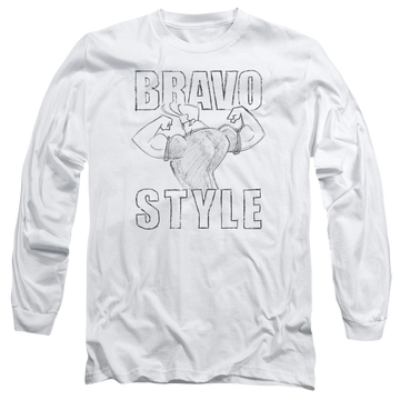 White men's long sleeve t-shirt with Johnny Bravo Bravo Style graphic