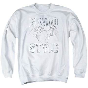White men's crewneck sweatshirt with Johnny Bravo Bravo Style graphic