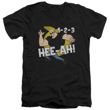 Black men's v-neck t-shirt with Johnny Bravo 123 graphic