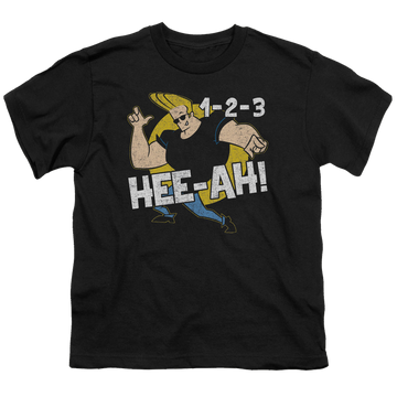 Black youth t-shirt for ages 8 to 12 with Johnny Bravo 123 graphic