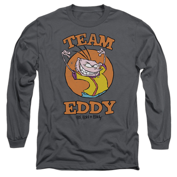 Charcoal men's long sleeve t-shirt with Ed, Edd n Eddy Team Eddy graphic