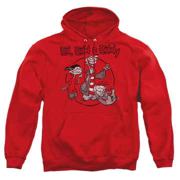 Red pullover hoodie with Ed, Edd n Eddy Gang graphic