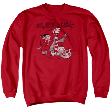 Red men's crewneck sweatshirt with Ed, Edd n Eddy Gang graphic