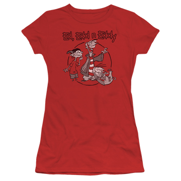 Red juniors t-shirt with Ed, Edd n Eddy Gang graphic