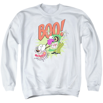 White men's crewneck sweatshirt with Courage the Cowardly Dog Stupid Dog graphic