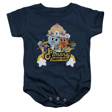 Navy baby bodysuit with The Amazing World of Gumball Elmore Junior High graphic