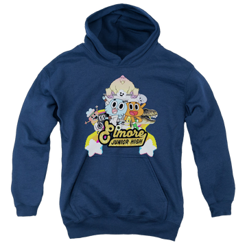 Navy youth hoodie for ages 8 to 12 with The Amazing World of Gumball Elmore Junior High graphic