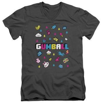 Charcoal men's v-neck t-shirt with The Amazing World of Gumball Fun Drops graphic