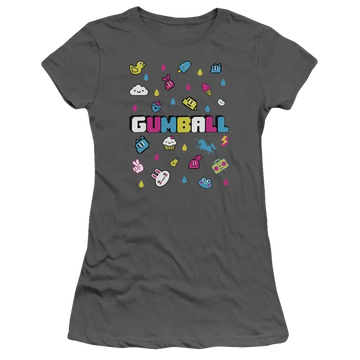 Charcoal juniors t-shirt with The Amazing World of Gumball Fun Drops graphic