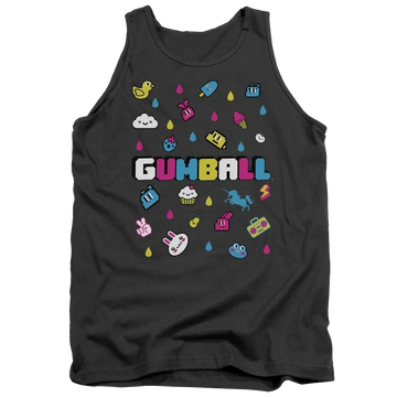 Charcoal men's tank with The Amazing World of Gumball Fun Drops graphic