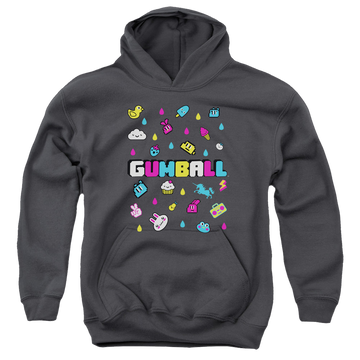 Charcoal youth hoodie for ages 8 to 12 with The Amazing World of Gumball Fun Drops graphic