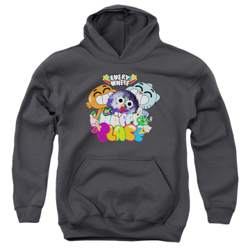 Charcoal youth hoodie for ages 8 to 12 with The Amazing World of Gumball Happy Place graphic