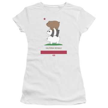 White juniors t-shirt with We Bare Bears Cali Stack graphic