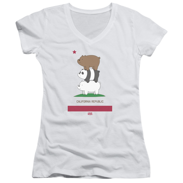 White juniors v-neck t-shirt with We Bare Bears Cali Stack graphic