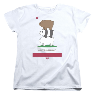 White women's t-shirt with We Bare Bears Cali Stack graphic