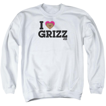 White men's crewneck sweatshirt with We Bare Bears Heart Grizz graphic