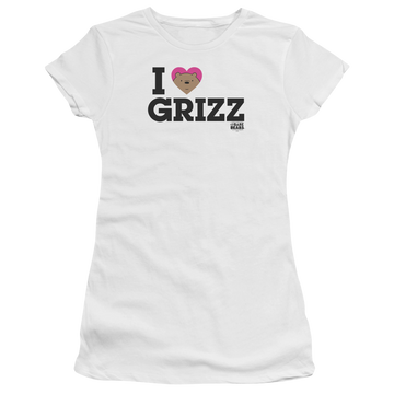 White juniors t-shirt with We Bare Bears Heart Grizz graphic