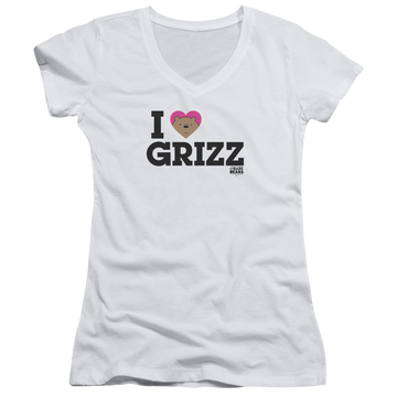 White juniors v-neck t-shirt with We Bare Bears Heart Grizz graphic