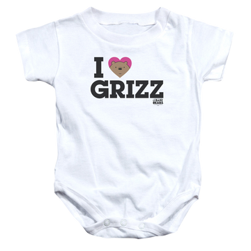 White baby bodysuit with We Bare Bears Heart Grizz graphic