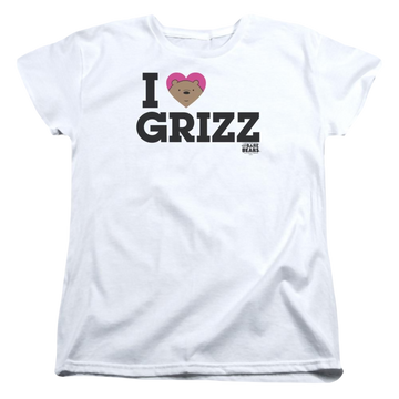 White women's t-shirt with We Bare Bears Heart Grizz graphic
