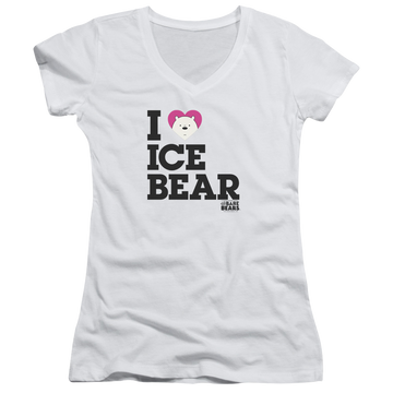 White juniors v-neck t-shirt with We Bare Bears Heart Ice Bear graphic