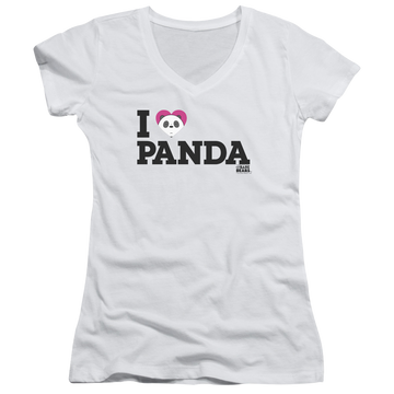 White juniors v-neck t-shirt with We Bare Bears Heart Panda graphic