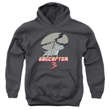Charcoal youth hoodie for ages 8 to 12 with Steven Universe Dogcopter 3 graphic