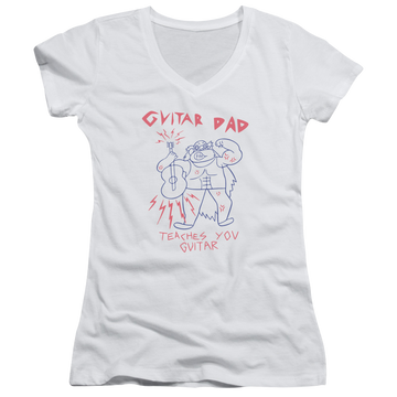 White juniors v-neck t-shirt with Steven Universe Guitar Dad graphic