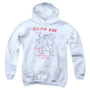 White youth hoodie for ages 8 to 12 with Steven Universe Guitar Dad graphic