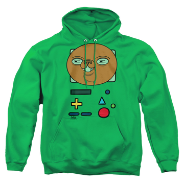 Kelly green pullover hoodie with Adventure Time Bmo Mask graphic