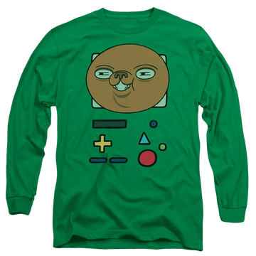 Kelly green men's long sleeve t-shirt with Adventure Time Bmo Mask graphic
