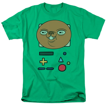 Kelly green men's regular fit t-shirt with Adventure Time Bmo Mask graphic