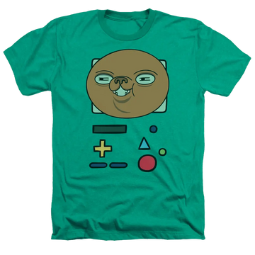 Kelly green men's heather t-shirt with Adventure Time Bmo Mask graphic